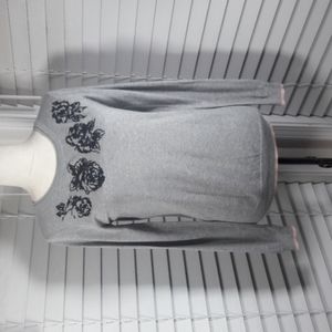 Elle Gray with pink trim beaded rose embellished crewneck sweater